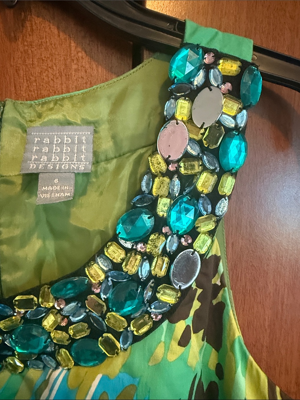 Rabbit Rabbit Rabbit 2000s Green Multi Floral Jeweled Shift Dress - Picture 4 of 8